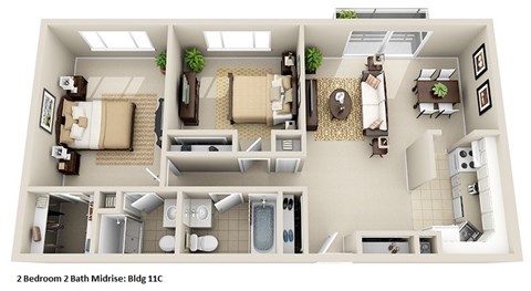 Floor plan for 2 beds, 2 baths, 980 sqft